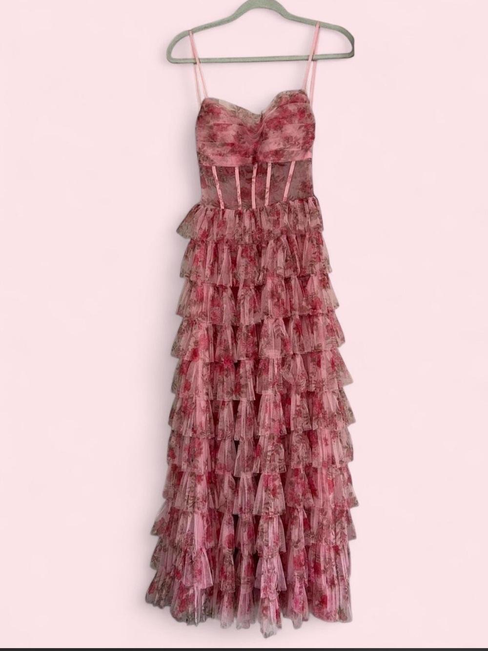 B Darlin Pink Floral A line Strapless Tiered Ruffle Maxi Dress